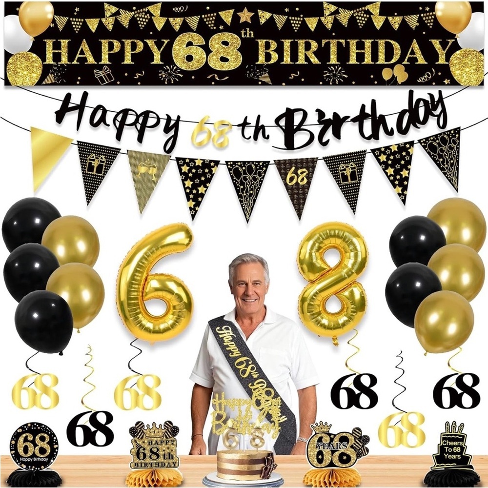 🎉 YeohJoy 68th Birthday Decoration Set – Black & Gold – Complete Party Kit